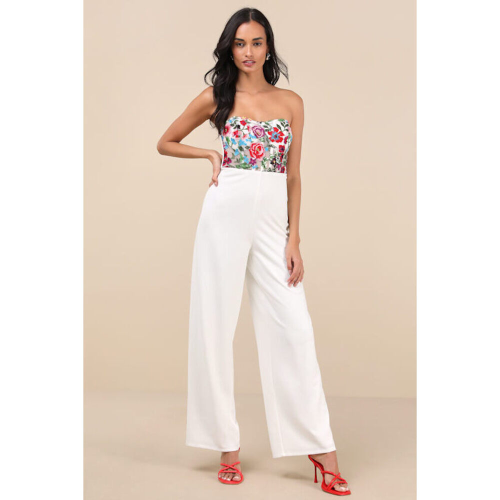 Lulus Remarkable Energy White Floral Embroidered Strapless Jumpsuit - Size S